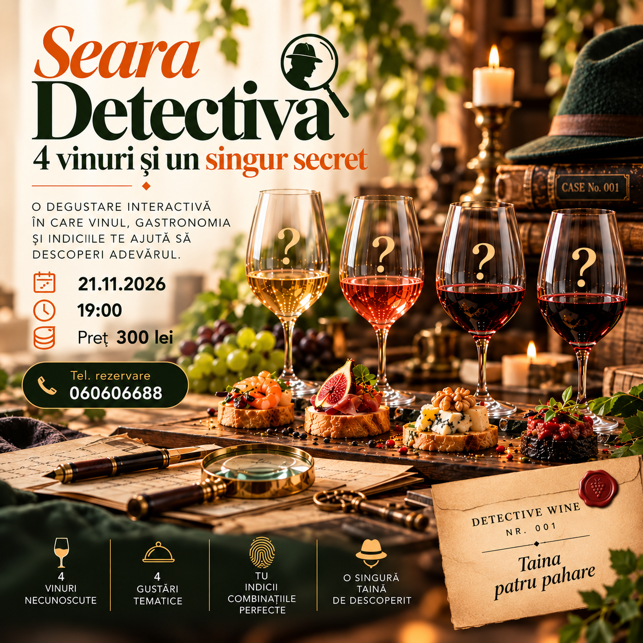 SEARA DETECTIVĂ – 4 VINURI ȘI UN SINGUR SECRET